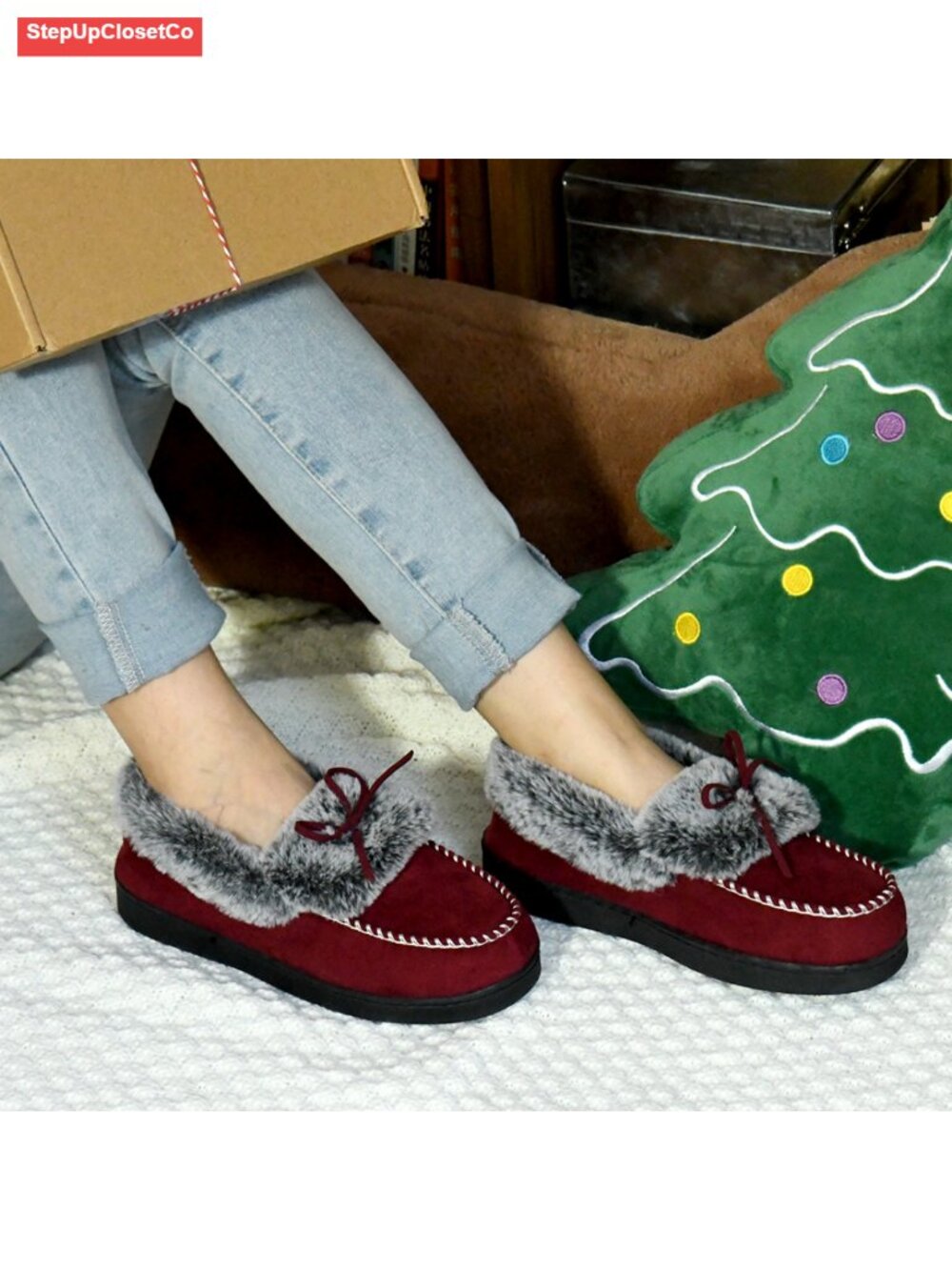 Women's Fuzzy Memory Foam Mocc Suede Faux Fur Lined Cozy - Picture 6 of 6